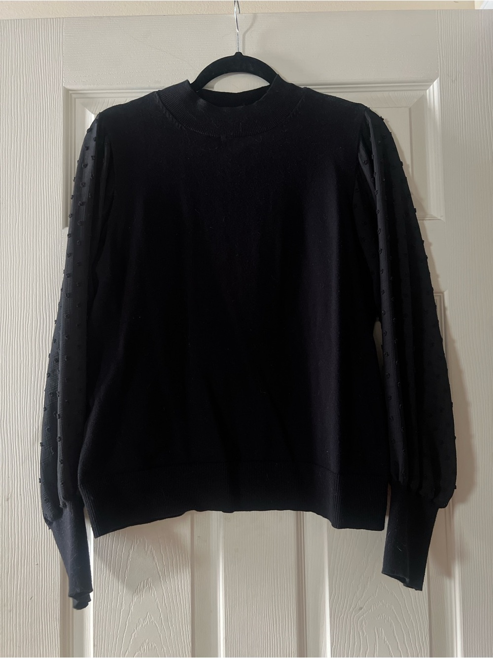 Vince Camuto Black Crewneck Sweater with Textured Sheer Sleeves